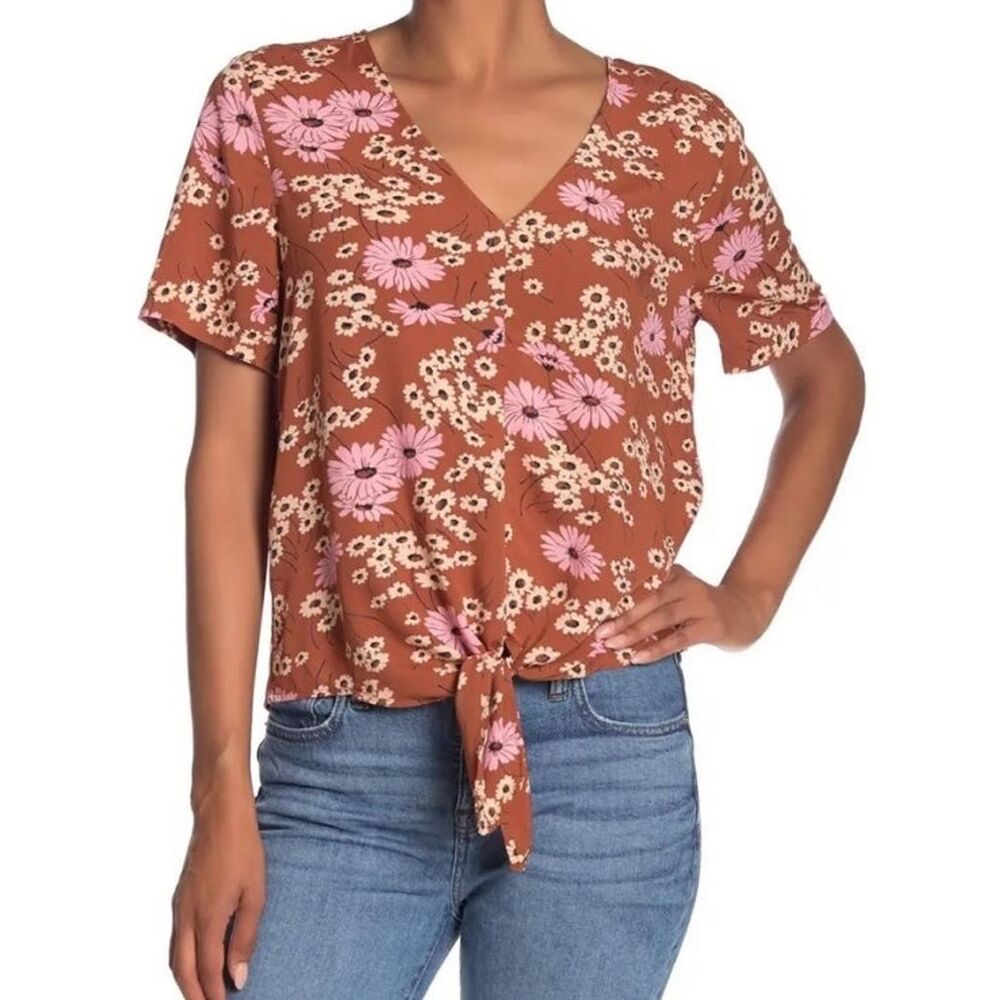Madewell Women's Novel Tie Front Top in Hillside Daises Burnt Orange Size Small